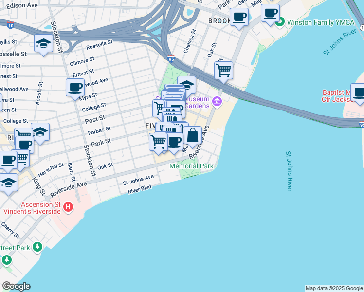 map of restaurants, bars, coffee shops, grocery stores, and more near 1661 Riverside Avenue in Jacksonville