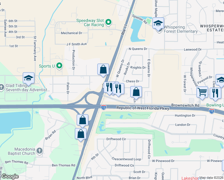 map of restaurants, bars, coffee shops, grocery stores, and more near 231 South Queens Drive in Slidell