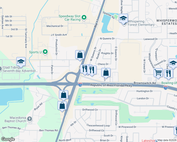 map of restaurants, bars, coffee shops, grocery stores, and more near 231 South Queens Drive in Slidell