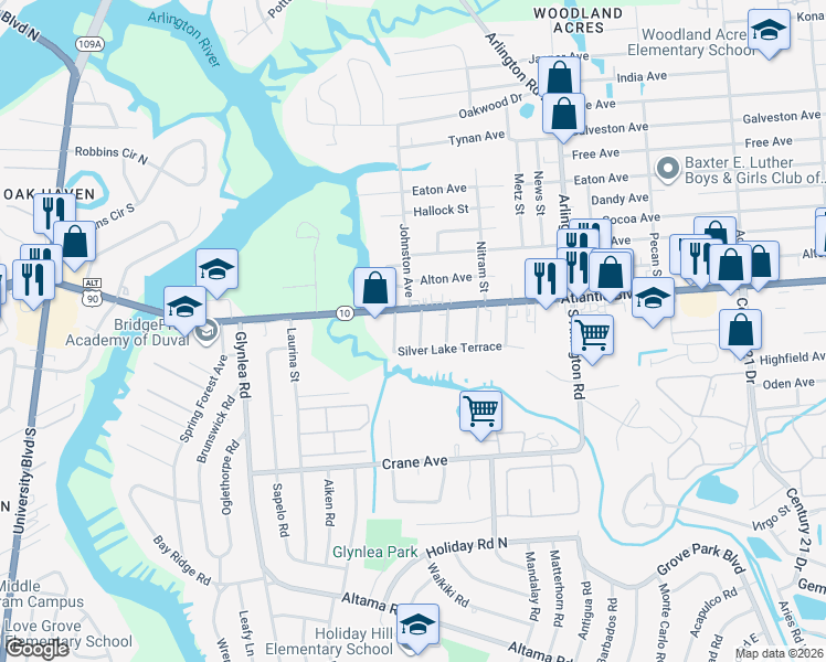 map of restaurants, bars, coffee shops, grocery stores, and more near 44 Aderhold Avenue in Jacksonville