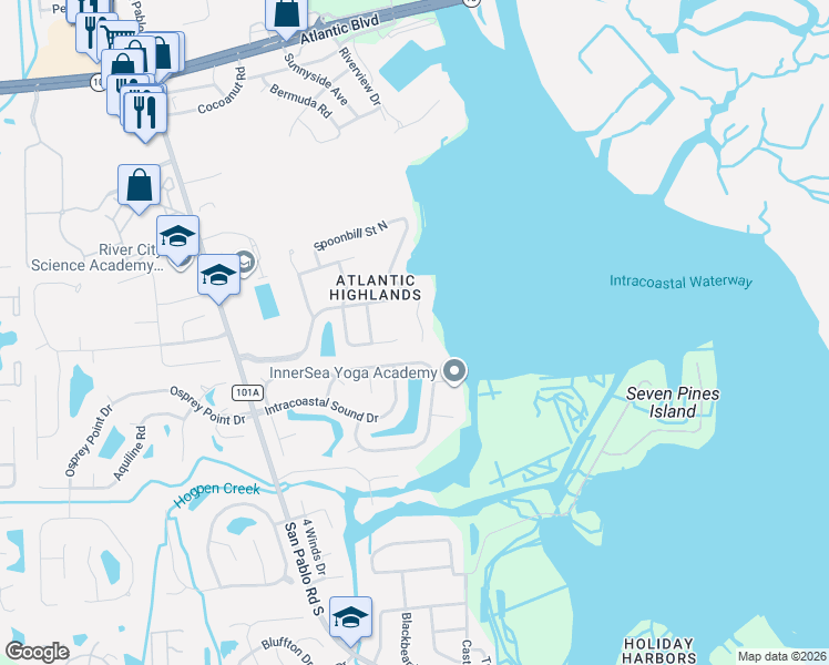 map of restaurants, bars, coffee shops, grocery stores, and more near 2063 Spoonbill Street in Jacksonville