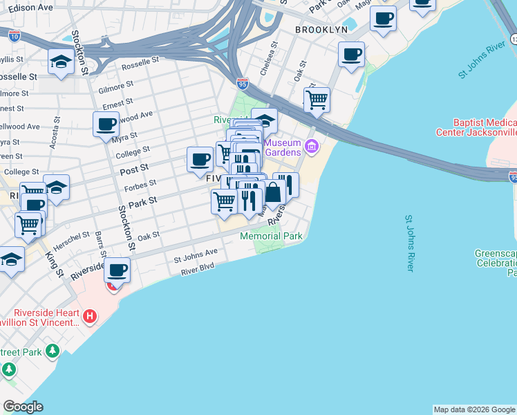 map of restaurants, bars, coffee shops, grocery stores, and more near 1545 May Street in Jacksonville