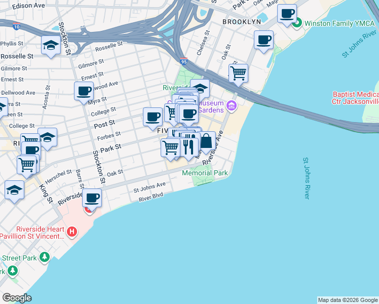 map of restaurants, bars, coffee shops, grocery stores, and more near 201 Oak Street in Jacksonville