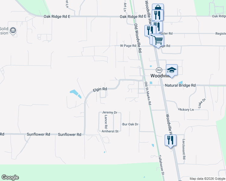 map of restaurants, bars, coffee shops, grocery stores, and more near 9323 Elgin Road in Tallahassee