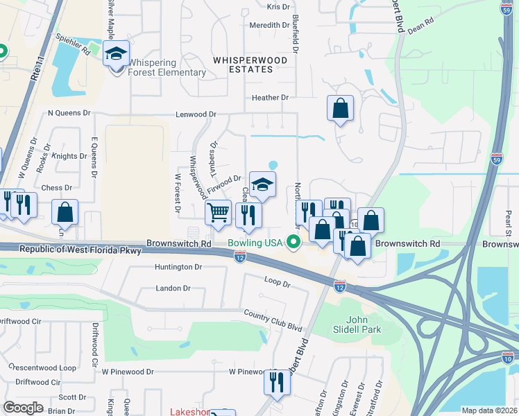 map of restaurants, bars, coffee shops, grocery stores, and more near 106 Galeria Boulevard in Slidell