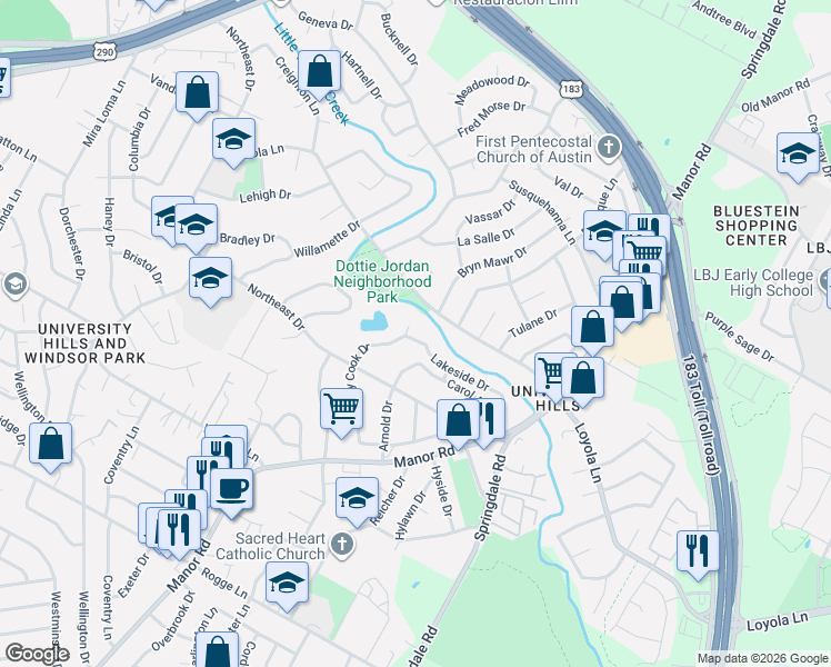 map of restaurants, bars, coffee shops, grocery stores, and more near 3002 Lakeside Drive in Austin