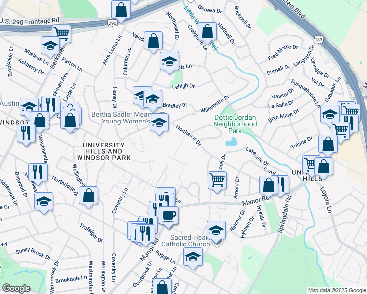 map of restaurants, bars, coffee shops, grocery stores, and more near 6403 Auburn Drive in Austin