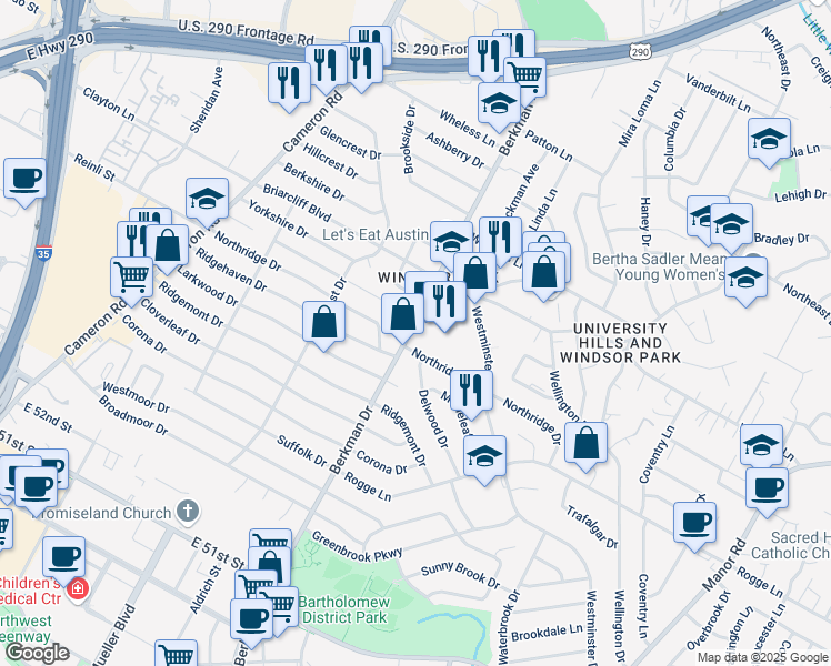 map of restaurants, bars, coffee shops, grocery stores, and more near 1700 Northridge Drive in Austin