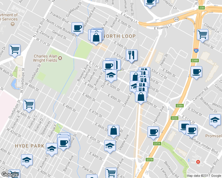 map of restaurants, bars, coffee shops, grocery stores, and more near 613 East 50th Street in Austin