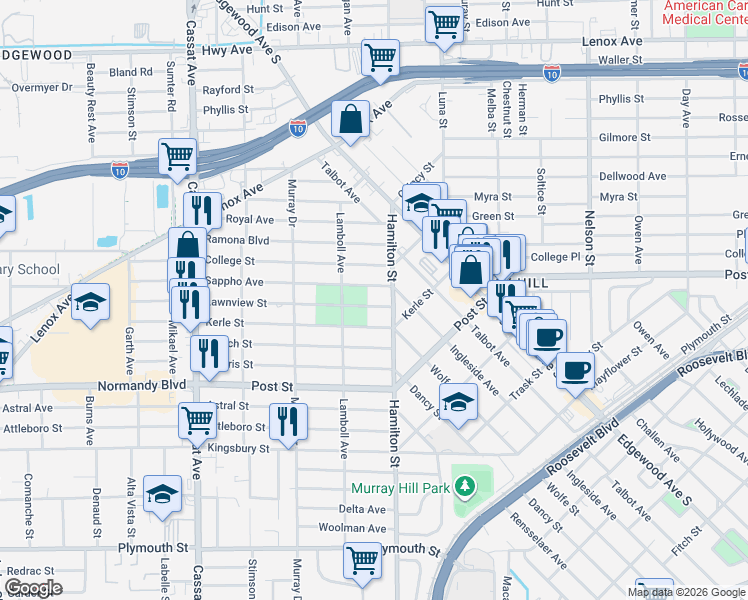 map of restaurants, bars, coffee shops, grocery stores, and more near 4527 Lawnview Street in Jacksonville