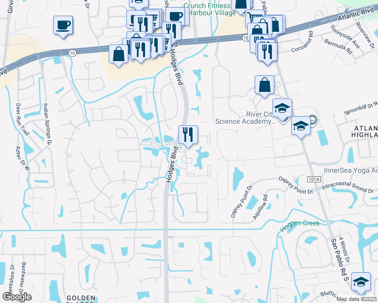 map of restaurants, bars, coffee shops, grocery stores, and more near 2001 Hodges Boulevard in Jacksonville