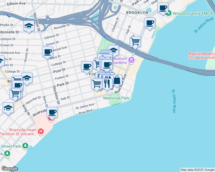 map of restaurants, bars, coffee shops, grocery stores, and more near 201 Oak Street in Jacksonville