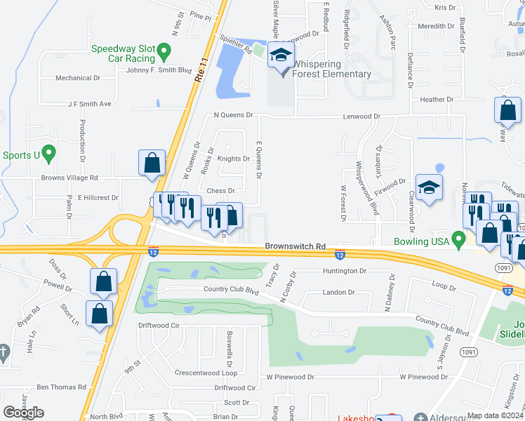 map of restaurants, bars, coffee shops, grocery stores, and more near 101 South Queens Drive in Slidell