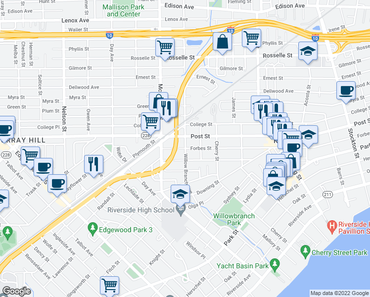 map of restaurants, bars, coffee shops, grocery stores, and more near Willow Branch Ave & Forbes St in Jacksonville