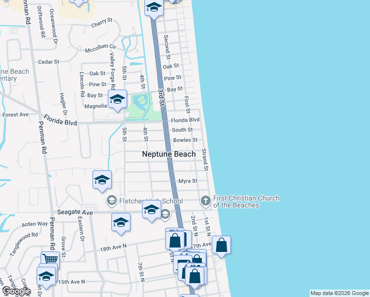 map of restaurants, bars, coffee shops, grocery stores, and more near 214 Davis Street in Neptune Beach
