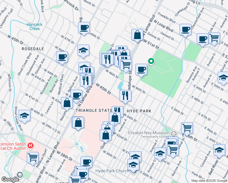 map of restaurants, bars, coffee shops, grocery stores, and more near 700 West 45th Street in Austin