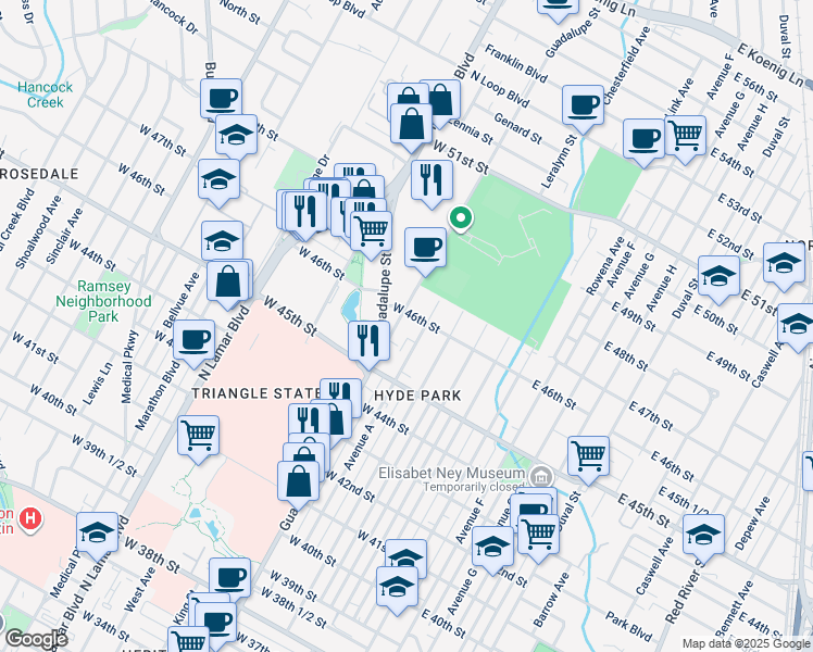 map of restaurants, bars, coffee shops, grocery stores, and more near 4547a Avenue A in Austin