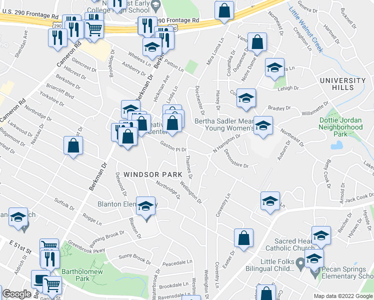 map of restaurants, bars, coffee shops, grocery stores, and more near Thames Dr & Gaston Pl Dr in Austin