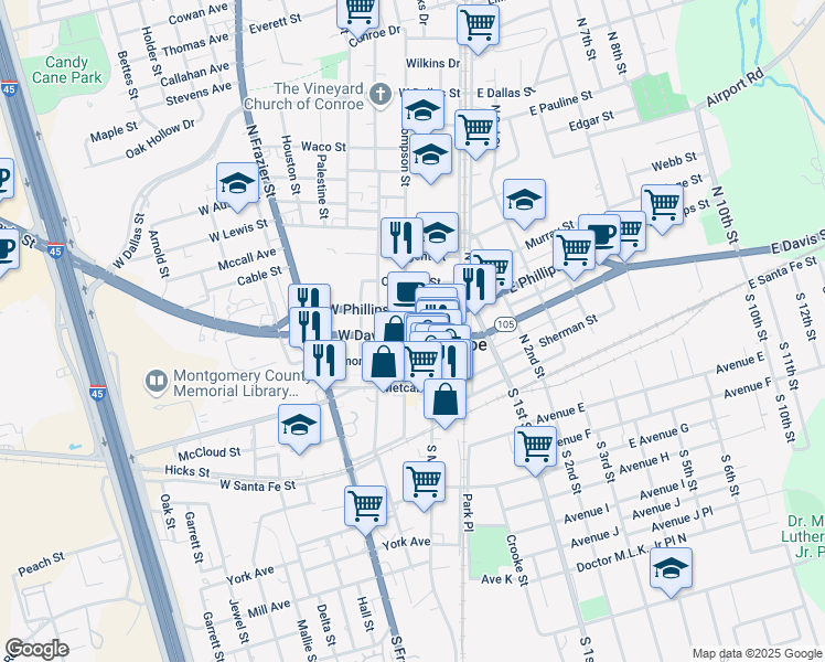 map of restaurants, bars, coffee shops, grocery stores, and more near 301 North Thompson Street in Conroe