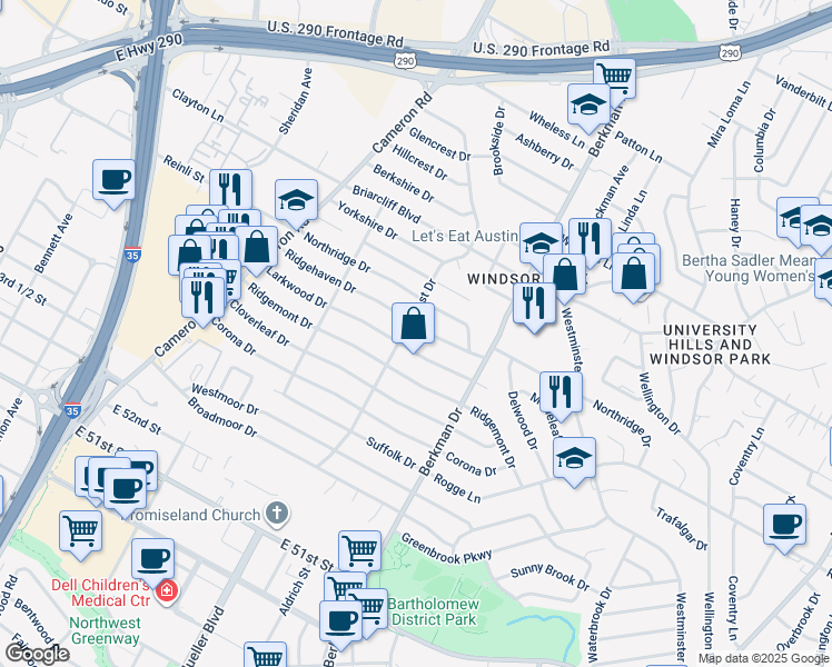 map of restaurants, bars, coffee shops, grocery stores, and more near 1503 Ridgehaven Drive in Austin