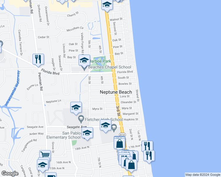 map of restaurants, bars, coffee shops, grocery stores, and more near 420 Davis Street in Neptune Beach