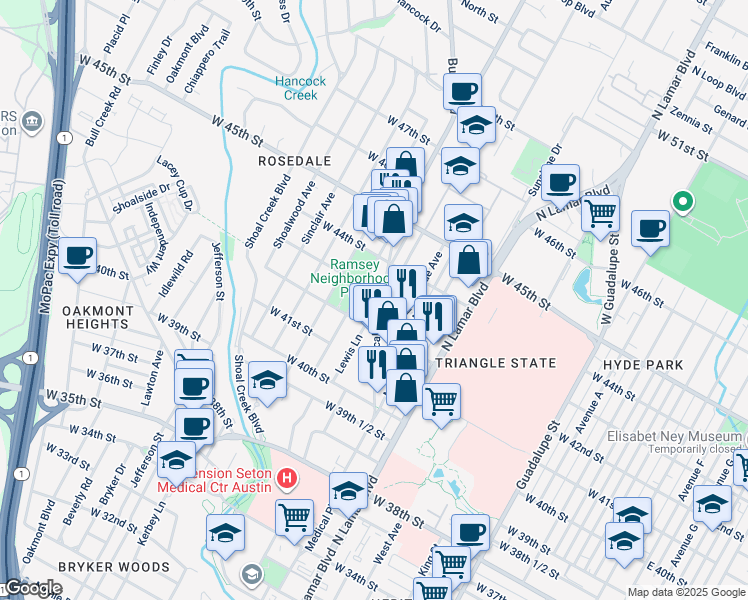 map of restaurants, bars, coffee shops, grocery stores, and more near 4208 Medical Parkway in Austin