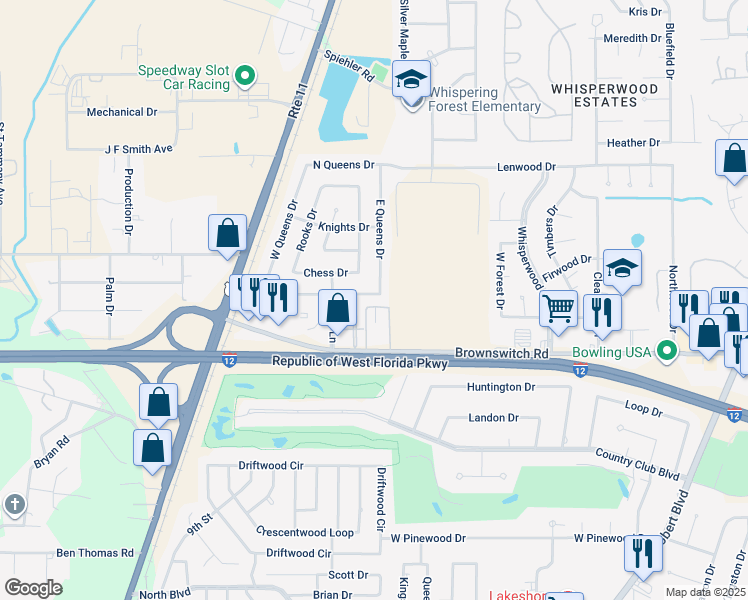 map of restaurants, bars, coffee shops, grocery stores, and more near 105 South Queens Drive in Slidell