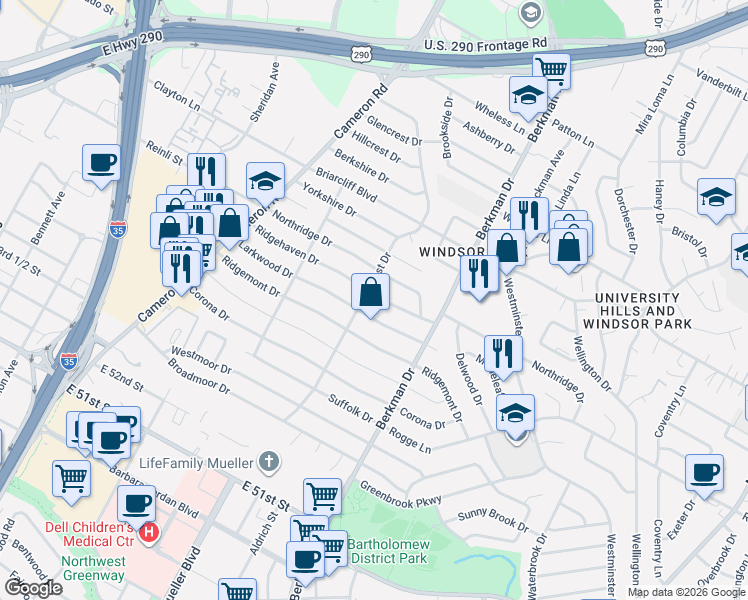 map of restaurants, bars, coffee shops, grocery stores, and more near 1507 Ridgehaven Drive in Austin