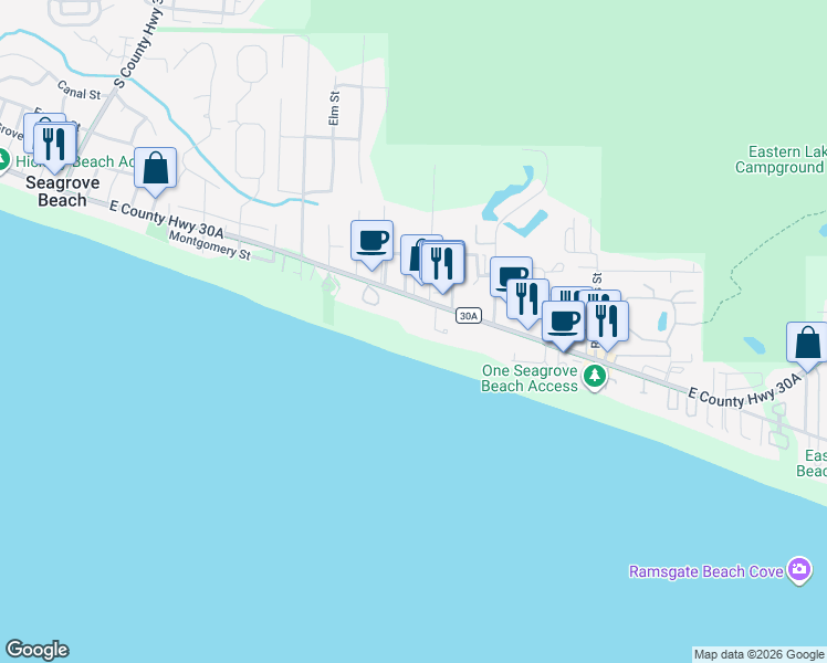 map of restaurants, bars, coffee shops, grocery stores, and more near 3654 East County Highway 30A in Santa Rosa Beach