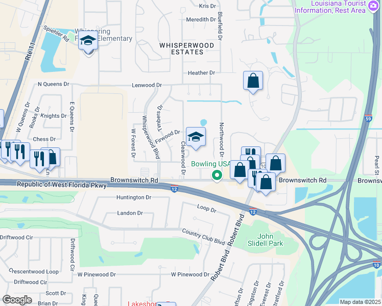 map of restaurants, bars, coffee shops, grocery stores, and more near 130 Clearwood Drive in Slidell