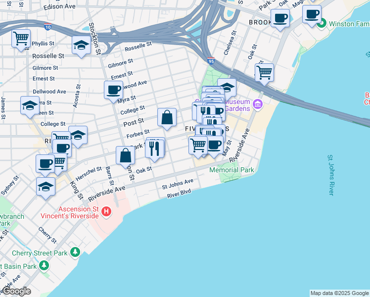 map of restaurants, bars, coffee shops, grocery stores, and more near 2142 Herschel Street in Jacksonville