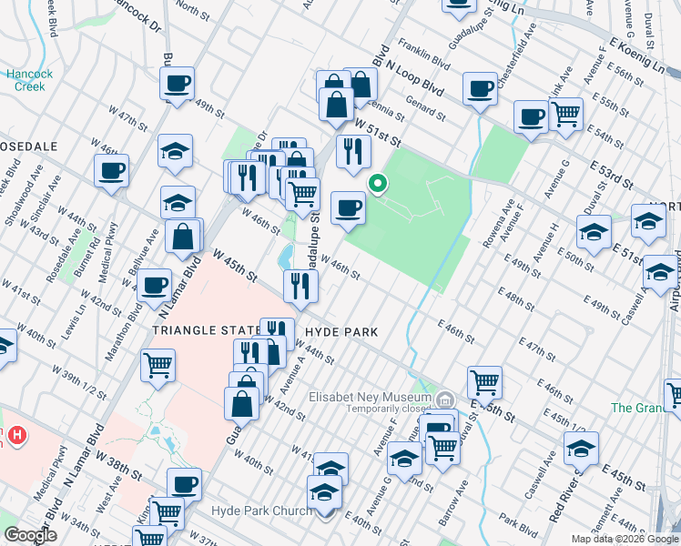 map of restaurants, bars, coffee shops, grocery stores, and more near 4558 Avenue A in Austin