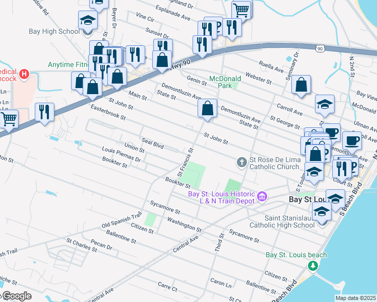 map of restaurants, bars, coffee shops, grocery stores, and more near 308 Saint Francis Street in Bay St. Louis