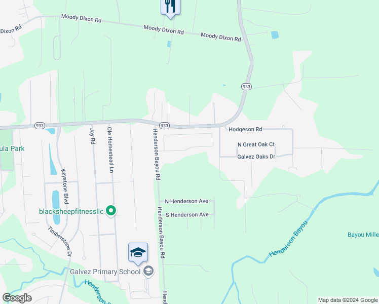 map of restaurants, bars, coffee shops, grocery stores, and more near 43275 Pond View Drive in Prairieville