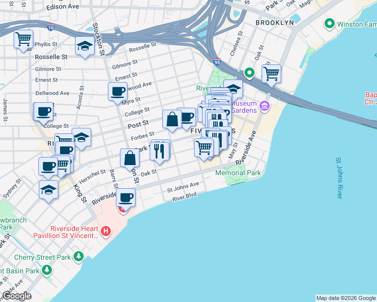 map of restaurants, bars, coffee shops, grocery stores, and more near 2118 Herschel Street in Jacksonville