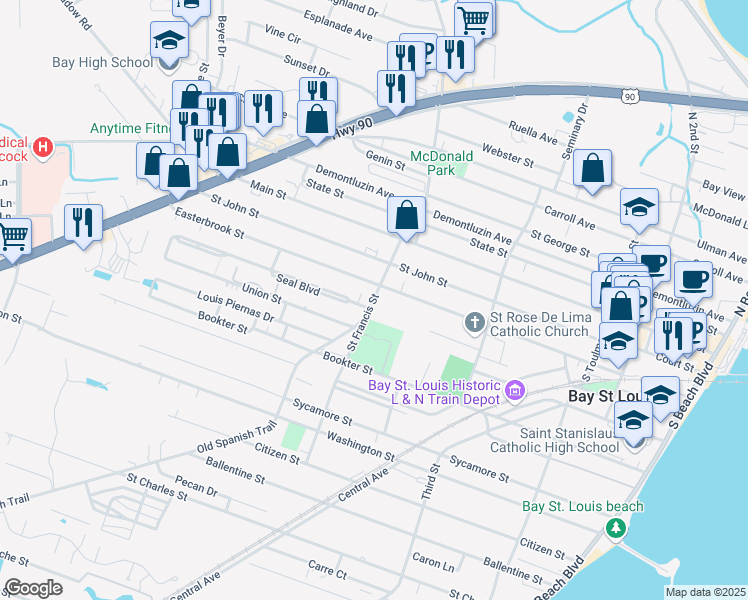 map of restaurants, bars, coffee shops, grocery stores, and more near 310 Saint Francis Street in Bay Saint Louis