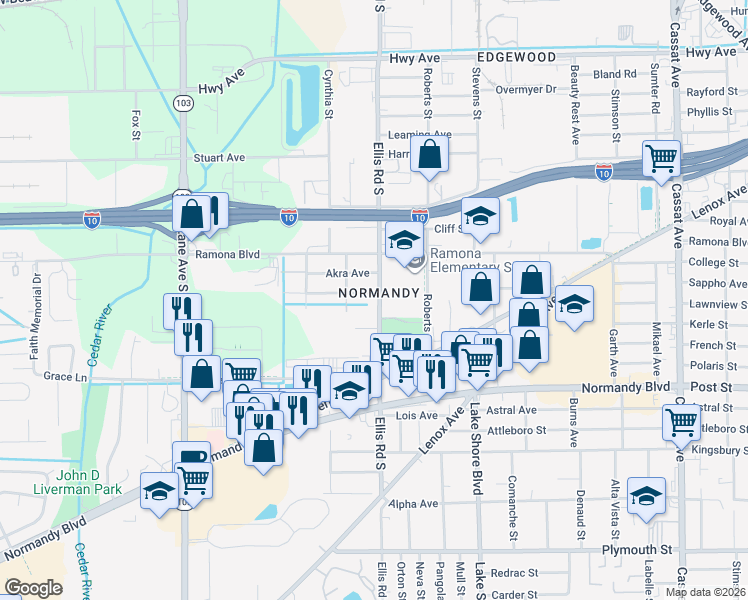 map of restaurants, bars, coffee shops, grocery stores, and more near 756 South Ellis Road in Jacksonville
