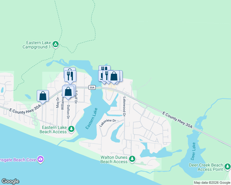 map of restaurants, bars, coffee shops, grocery stores, and more near 161 Lake Pointe Drive in Santa Rosa Beach
