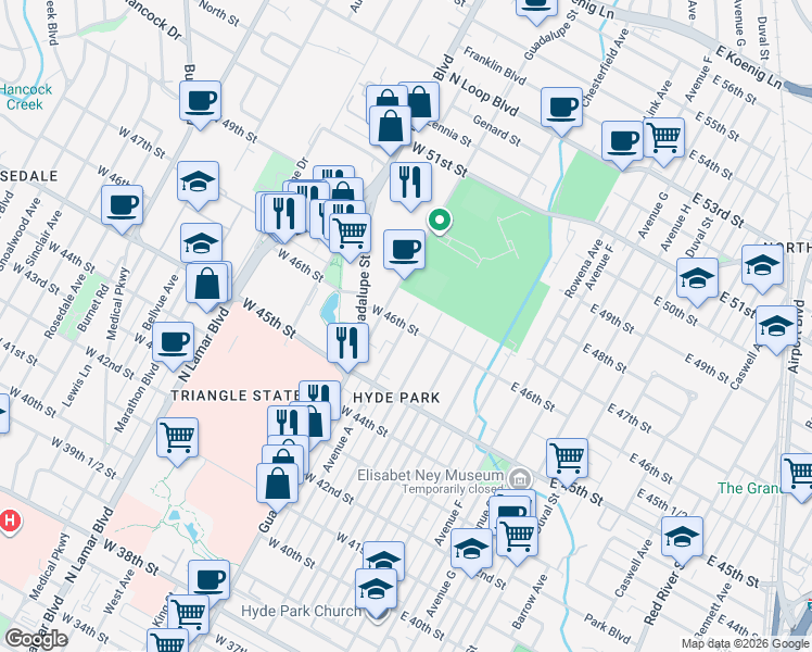 map of restaurants, bars, coffee shops, grocery stores, and more near W 46th St & Avenue A in Austin