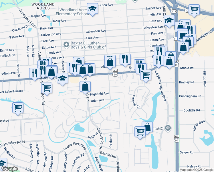 map of restaurants, bars, coffee shops, grocery stores, and more near 8414 Thor Street in Jacksonville