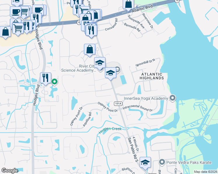 map of restaurants, bars, coffee shops, grocery stores, and more near 13603 Las Brisas Way in Jacksonville