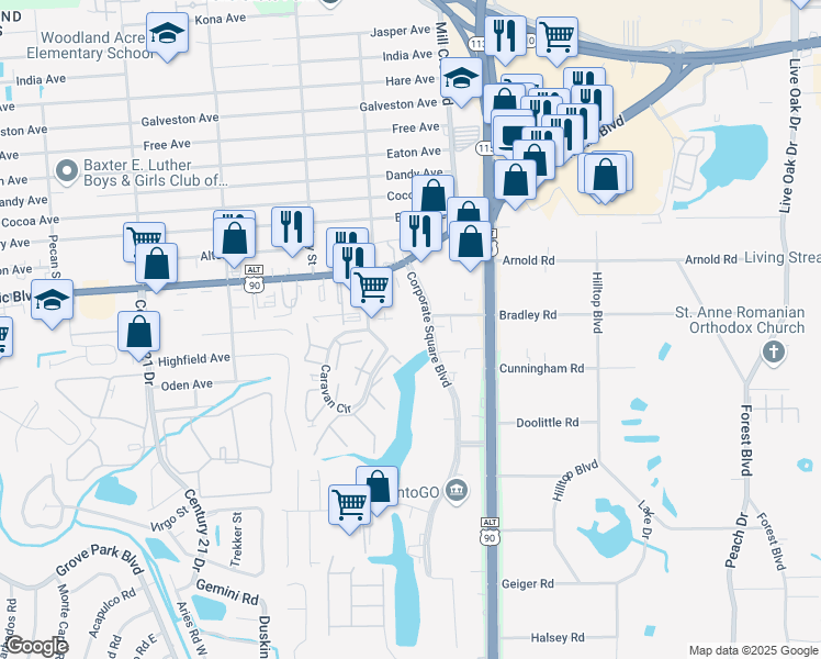 map of restaurants, bars, coffee shops, grocery stores, and more near 1879 Caravan Circle in Jacksonville