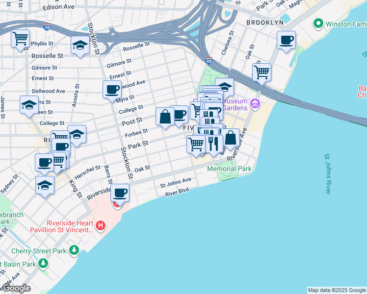 map of restaurants, bars, coffee shops, grocery stores, and more near 2063 Oak Street in Jacksonville