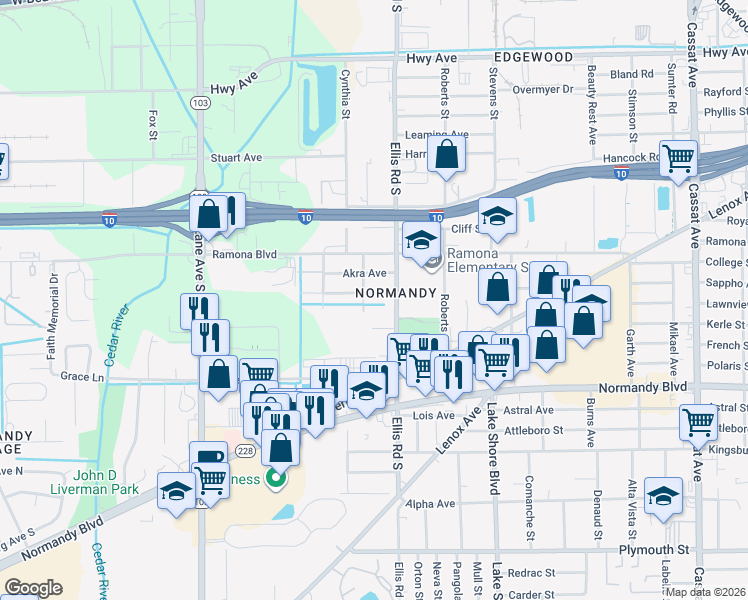 map of restaurants, bars, coffee shops, grocery stores, and more near 756 South Ellis Road in Jacksonville