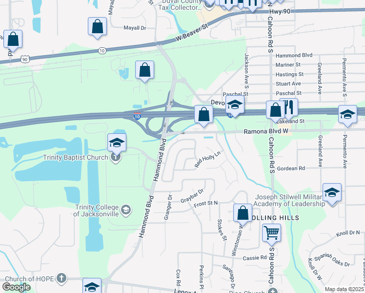 map of restaurants, bars, coffee shops, grocery stores, and more near 746 North Trambley Drive in Jacksonville