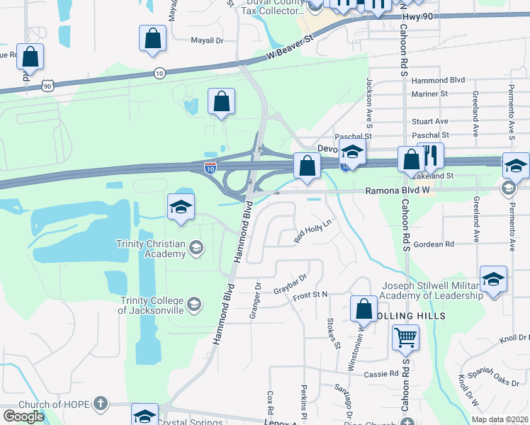map of restaurants, bars, coffee shops, grocery stores, and more near 746 North Trambley Drive in Jacksonville