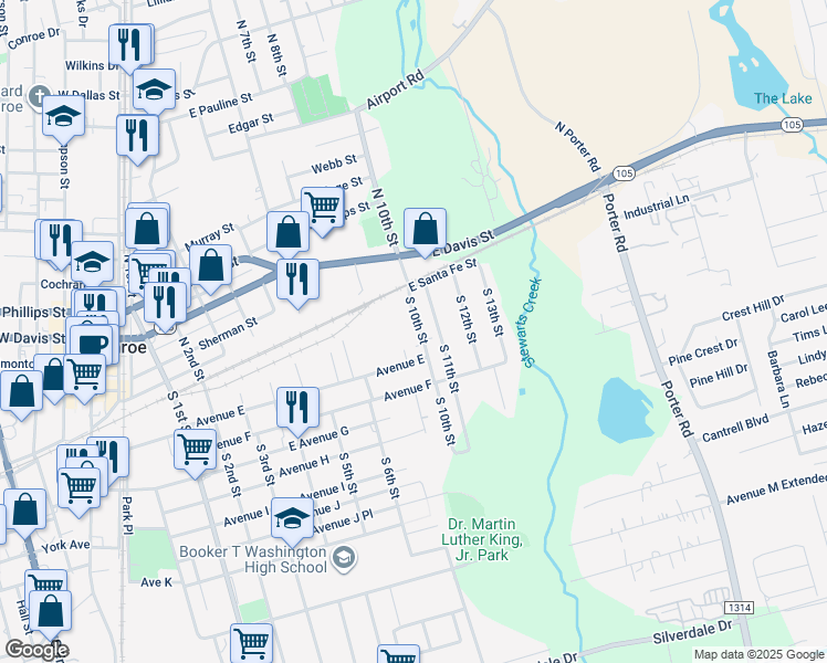 map of restaurants, bars, coffee shops, grocery stores, and more near 129 South 9th Street in Conroe