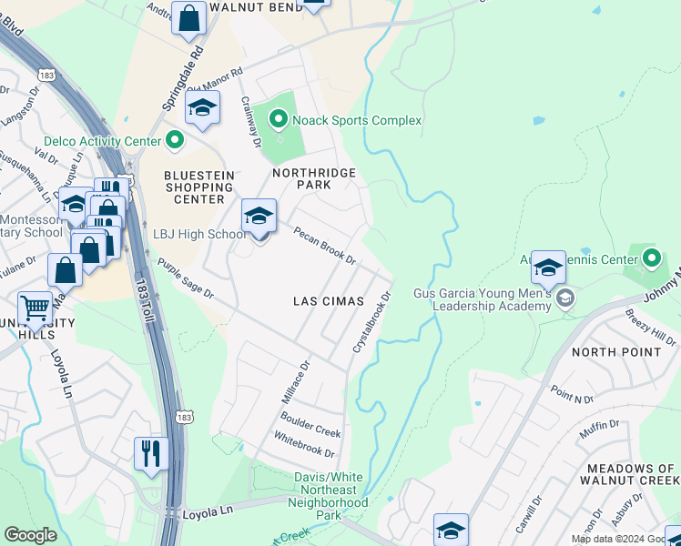 map of restaurants, bars, coffee shops, grocery stores, and more near 7311 Tumbleweed Drive in Austin
