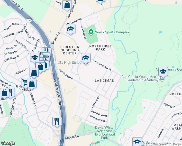map of restaurants, bars, coffee shops, grocery stores, and more near 7309 Lazy Creek Dr in Austin