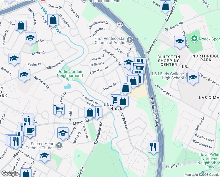 map of restaurants, bars, coffee shops, grocery stores, and more near 6706 Kings Point West in Austin